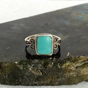 Sterling Silver 925 Rectangular Faux Turquoise Inlay Marcasite Shank Ring Sz 6.5